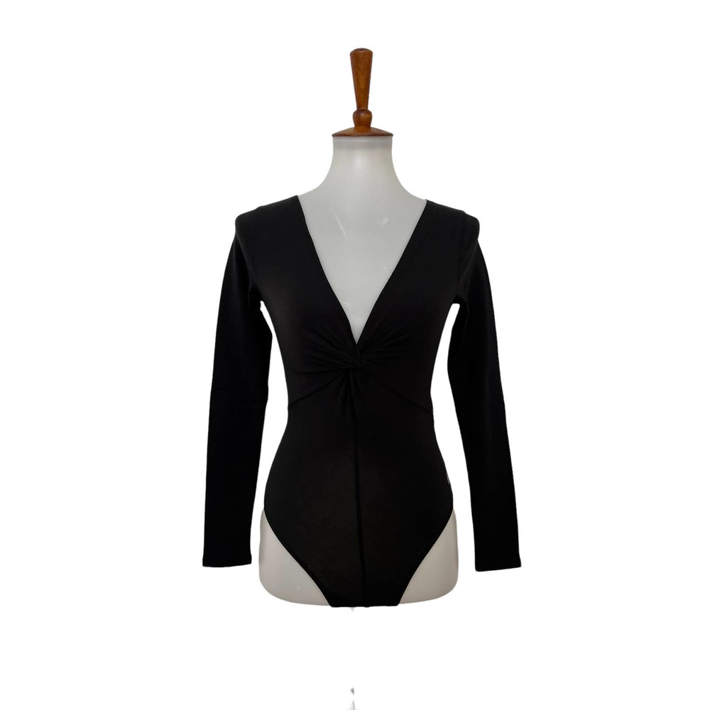 Abercrombie & Fitch Black Twist-Front Long-Sleeve V-Neck Bodysuit- XS